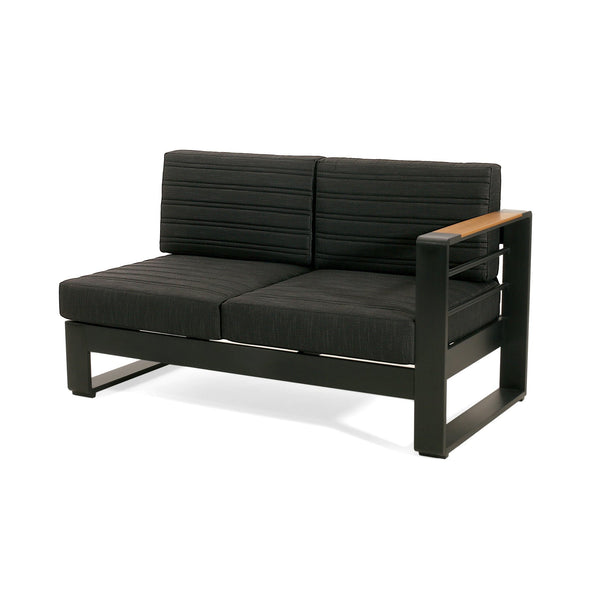 English Elm Christopher Knight Home® - Giovanna Black V-Shape Right-Arm Loveseat with Teak Accent, Quilted Grey Cushions, Weatherproof Aluminum WF532453BLK