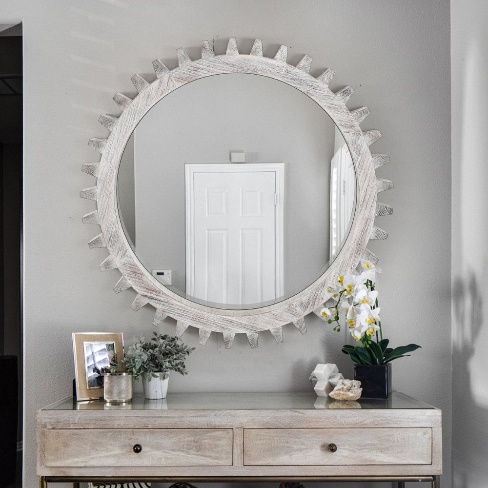 English Elm Vintage 34'' Round Gear-Shaped Mirror - Antique White-Washed Decor For Bath, Living Room & Entryway W1445P171995-GIGA