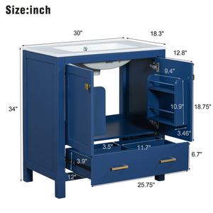 English Elm 30" Blue Bathroom Vanity - Solid Wood 30"W Transitional Undermount Sink Cabinet with Soft-Close Doors, Drawer Storage, Waterproof Finish WF324043AAC