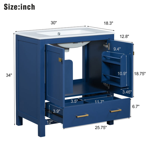 English Elm 30" Blue Bathroom Vanity - Solid Wood 30"W Transitional Undermount Sink Cabinet with Soft-Close Doors, Drawer Storage, Waterproof Finish WF324043AAC