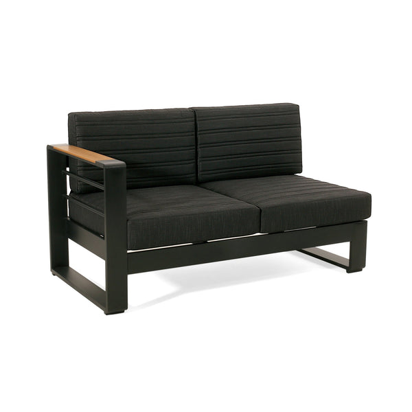 English Elm Christopher Knight Home® - Giovanna Black Left-Arm Loveseat with Teak-Tone Armrest, Quilted Grey Cushions & Rustproof Aluminum Frame WF532454BLK