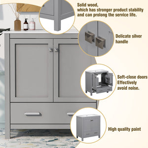 English Elm 30" Gray Bathroom Vanity with Undermount Sink, Solid Wood Frame, Soft-Closing Doors & Drawer Organizer, Spacious Storage, Transitional Design WF324043AAE