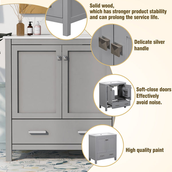 English Elm 30" Gray Bathroom Vanity with Undermount Sink, Solid Wood Frame, Soft-Closing Doors & Drawer Organizer, Spacious Storage, Transitional Design WF324043AAE