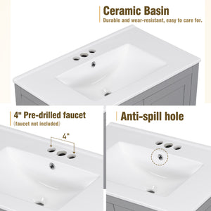 English Elm 30" Gray Bathroom Vanity with Undermount Sink, Solid Wood Frame, Soft-Closing Doors & Drawer Organizer, Spacious Storage, Transitional Design WF324043AAE