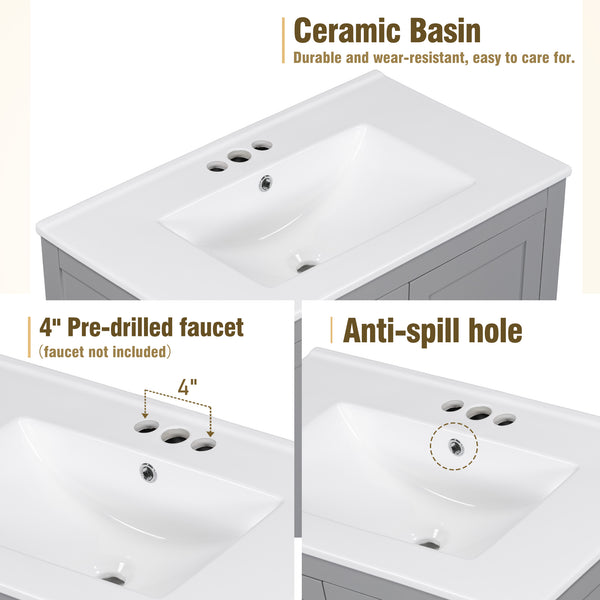 English Elm 30" Gray Bathroom Vanity with Undermount Sink, Solid Wood Frame, Soft-Closing Doors & Drawer Organizer, Spacious Storage, Transitional Design WF324043AAE