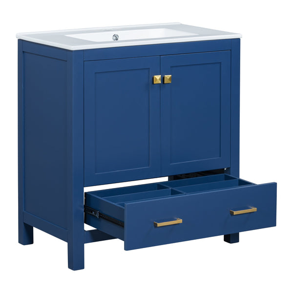 English Elm 60" Blue Double Vanity with Ceramic Sinks, Solid Wood Frame, Divided Drawers & Soft-Close Doors N729P000001C
