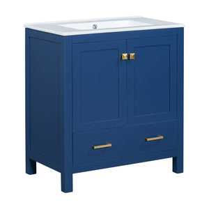 English Elm 60" Blue Double Vanity with Ceramic Sinks, Solid Wood Frame, Divided Drawers & Soft-Close Doors N729P000001C