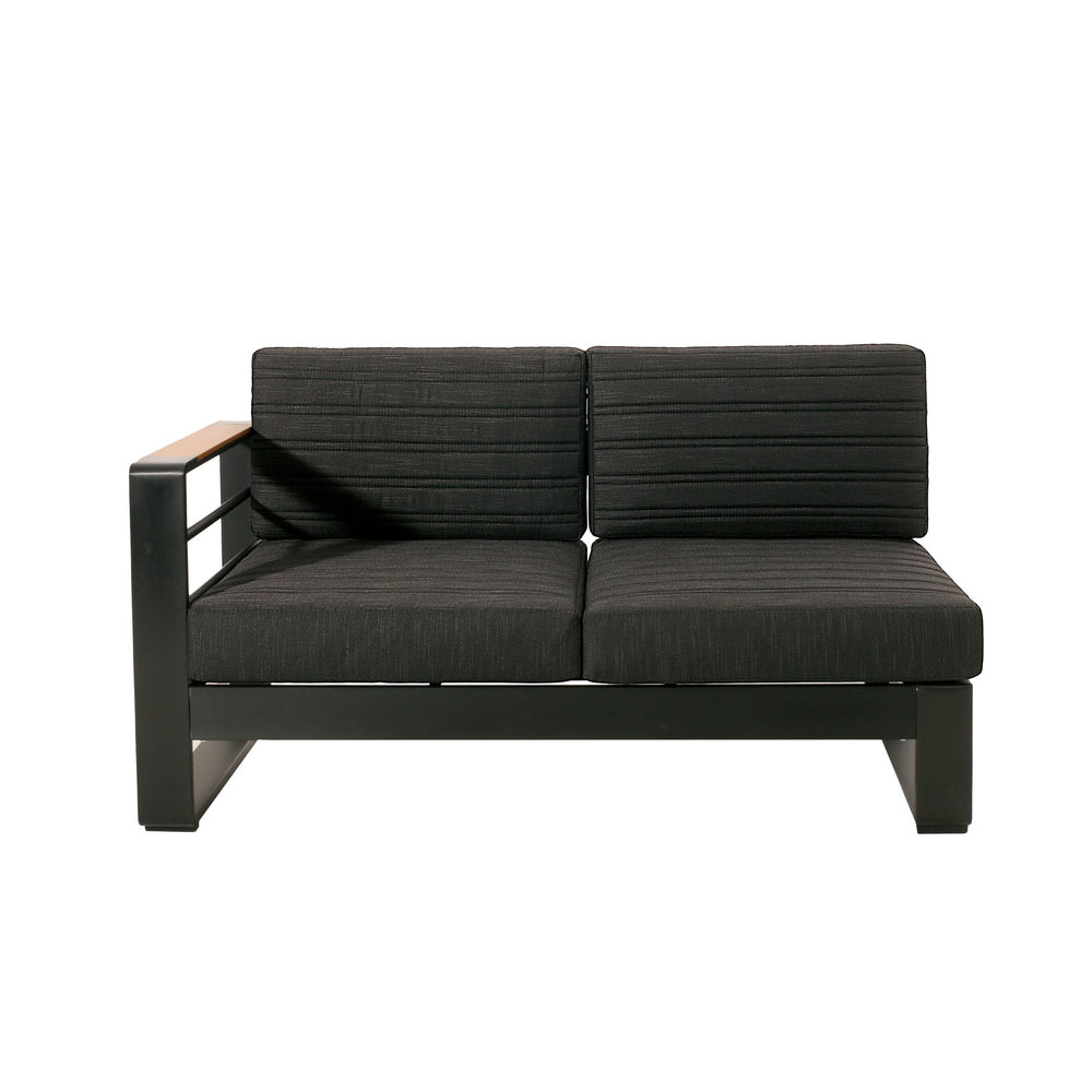 English Elm Christopher Knight Home® - Giovanna Black Left-Arm Loveseat with Teak-Tone Armrest, Quilted Grey Cushions & Rustproof Aluminum Frame WF532454BLK