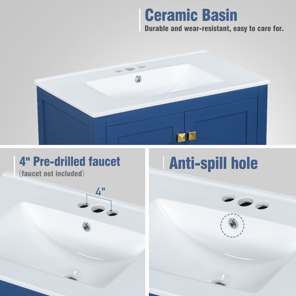 English Elm 30" Blue Bathroom Vanity - Solid Wood 30"W Transitional Undermount Sink Cabinet with Soft-Close Doors, Drawer Storage, Waterproof Finish WF324043AAC