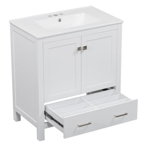 English Elm 30" White Bathroom Vanity with Single Sink — Solid Wood Frame, Soft-Close Doors, Drawer Dividers, Spacious Storage WF324043AAK