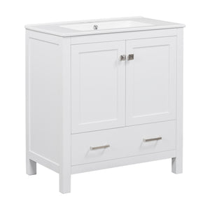 English Elm 30" White Bathroom Vanity with Single Sink — Solid Wood Frame, Soft-Close Doors, Drawer Dividers, Spacious Storage WF324043AAK