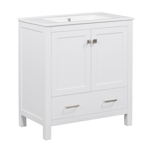 English Elm 30" White Bathroom Vanity with Single Sink — Solid Wood Frame, Soft-Close Doors, Drawer Dividers, Spacious Storage WF324043AAK