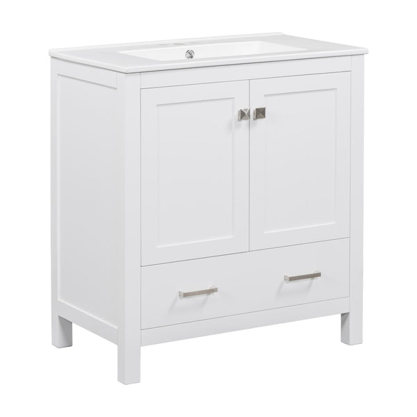 English Elm Modern 48 Inch Freestanding Bathroom Vanity Dual Ceramic Sinks Soft Close Gold Handles White N729P000001K