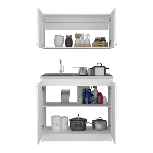 English Elm Zurich Two-Shelf Cabinet Set with Stainless Steel Sink and Faucet Hole, Durable Particleboard Construction White 42.1 L x 23.2 W x 7.1 H B200S00190