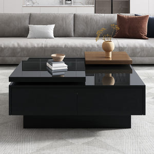 English Elm Movable Top Coffee Table, Modern Square Wood Coffee Table With High Gloss Finish, 4 Hidden Storage Drawers For Living Room (Date Of Expected Arrival: 11.25)