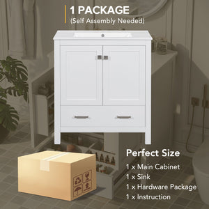 English Elm 30" White Bathroom Vanity with Single Sink — Solid Wood Frame, Soft-Close Doors, Drawer Dividers, Spacious Storage WF324043AAK