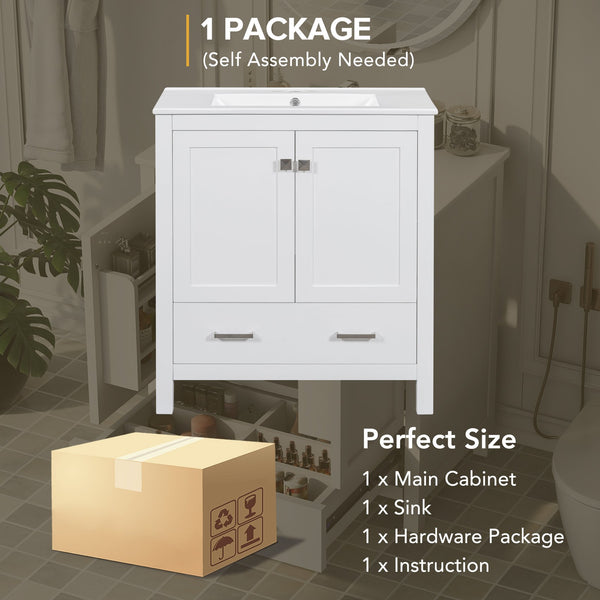 English Elm 30" White Bathroom Vanity with Single Sink — Solid Wood Frame, Soft-Close Doors, Drawer Dividers, Spacious Storage WF324043AAK