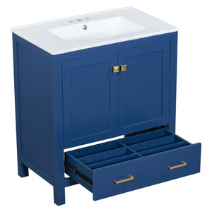 English Elm 30" Blue Bathroom Vanity - Solid Wood 30"W Transitional Undermount Sink Cabinet with Soft-Close Doors, Drawer Storage, Waterproof Finish WF324043AAC