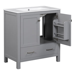 English Elm 60" Grey Bathroom Vanity Set with Double Sinks, Solid Wood, Soft-Close Doors, Divided Drawers & Storage Shelves for Spacious Modern Baths N729P000001E