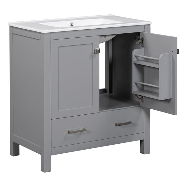 English Elm 60" Grey Bathroom Vanity Set with Double Sinks, Solid Wood, Soft-Close Doors, Divided Drawers & Storage Shelves for Spacious Modern Baths N729P000001E