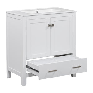 English Elm 30" White Bathroom Vanity with Single Sink — Solid Wood Frame, Soft-Close Doors, Drawer Dividers, Spacious Storage WF324043AAK