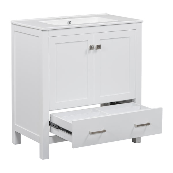 English Elm 30" White Bathroom Vanity with Single Sink — Solid Wood Frame, Soft-Close Doors, Drawer Dividers, Spacious Storage WF324043AAK