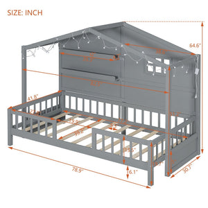 English Elm Twin House Bed Frame with Led Roof Glow Built-in Shelves and Window Cutout Detail LP000522AAE-1