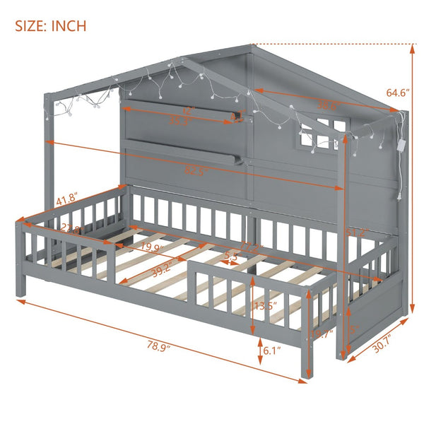 English Elm Twin House Bed Frame with Led Roof Glow Built-in Shelves and Window Cutout Detail LP000522AAE-1