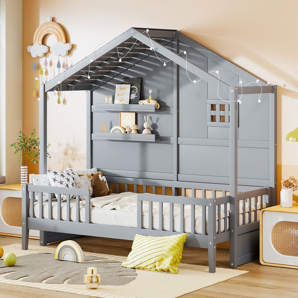 English Elm Twin House Bed Frame with Led Roof Glow Built-in Shelves and Window Cutout Detail LP000522AAE-1