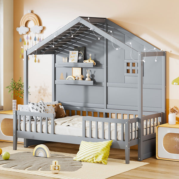 English Elm Twin House Bed Frame with Led Roof Glow Built-in Shelves and Window Cutout Detail LP000522AAE-1
