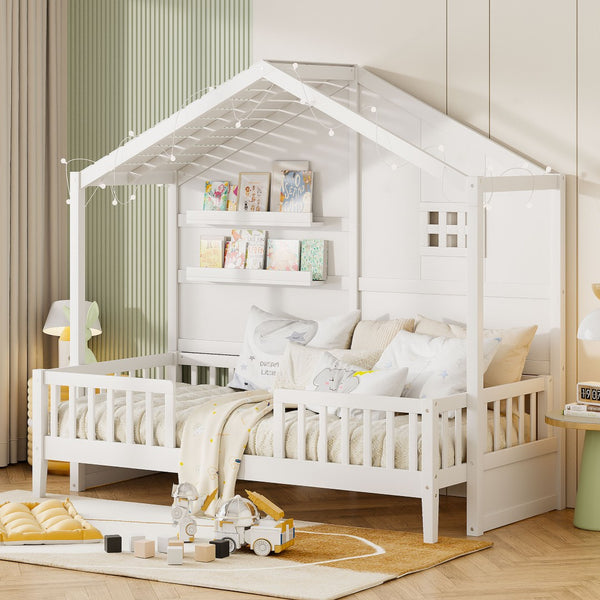 English Elm Twin House Bed Frame with Led Roof Glow Built-in Shelves and Window Cutout Detail LP000522AAK-1