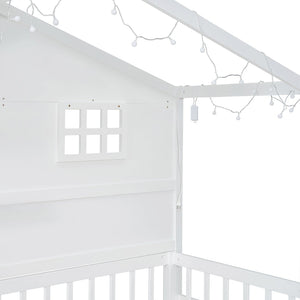 English Elm Twin House Bed Frame with Led Roof Glow Built-in Shelves and Window Cutout Detail LP000522AAK-1