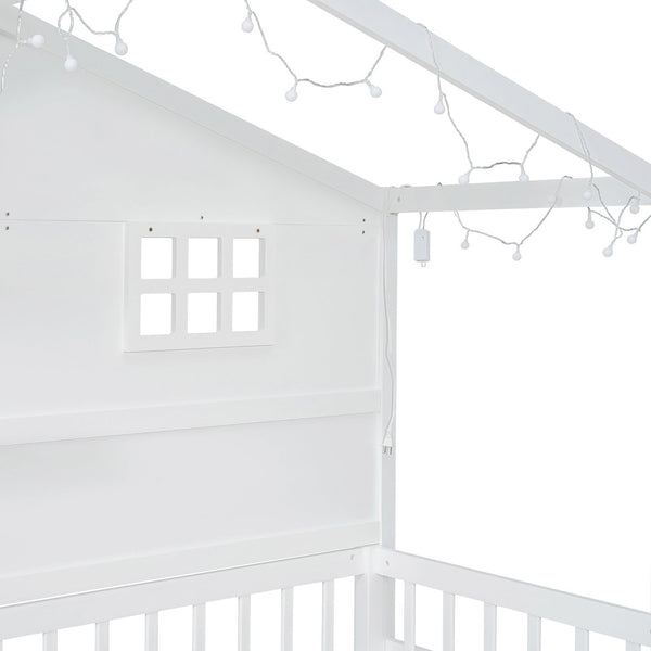 English Elm Twin House Bed Frame with Led Roof Glow Built-in Shelves and Window Cutout Detail LP000522AAK-1