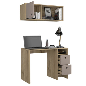 English Elm Khali 2-Pc Office Set with Desk & Wall Cabinet, Light Oak/Taupe Finish, 2 Drawers, Shelves, Compact Desk Surface B200S00185