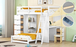 English Elm Twin Over Kids Bunk Bed with Led Lighting Usb Ports Desk and Gray Finish LT001218AAK
