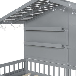 English Elm Twin House Bed Frame with Led Roof Glow Built-in Shelves and Window Cutout Detail LP000522AAE-1