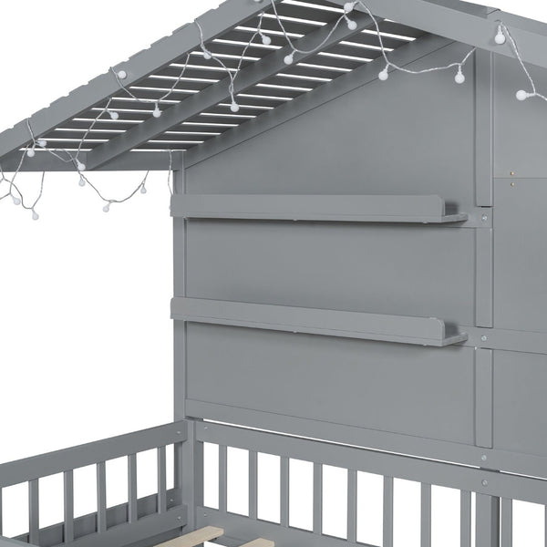 English Elm Twin House Bed Frame with Led Roof Glow Built-in Shelves and Window Cutout Detail LP000522AAE-1