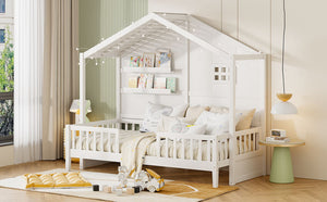 English Elm Twin House Bed Frame with Led Roof Glow Built-in Shelves and Window Cutout Detail LP000522AAK-1