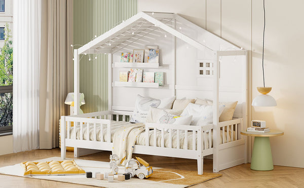 English Elm Twin House Bed Frame with Led Roof Glow Built-in Shelves and Window Cutout Detail LP000522AAK-1