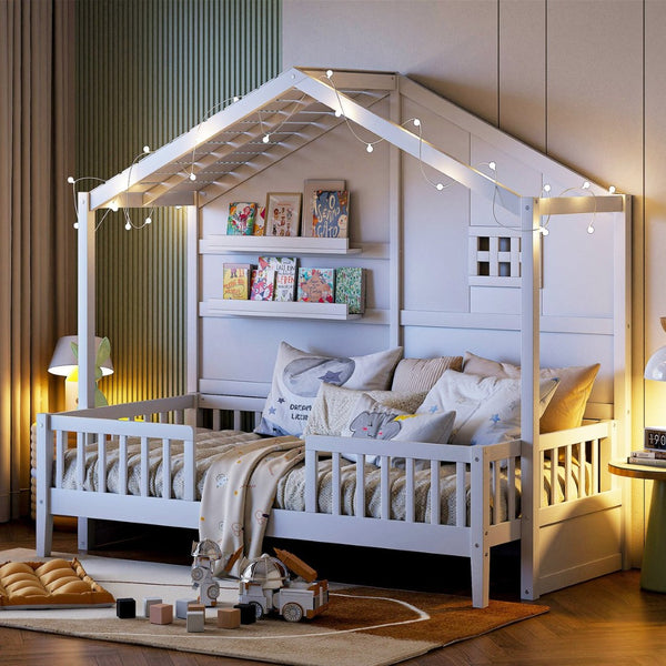 English Elm Twin House Bed Frame with Led Roof Glow Built-in Shelves and Window Cutout Detail LP000522AAK-1