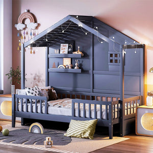 English Elm Twin House Bed Frame with Led Roof Glow Built-in Shelves and Window Cutout Detail LP000522AAE-1