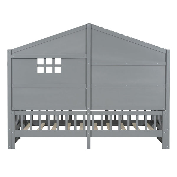 English Elm Twin House Bed Frame with Led Roof Glow Built-in Shelves and Window Cutout Detail LP000522AAE-1