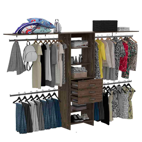 English Elm Plego Adjustable 69"-118" W Closet System in Dark Walnut & Black — 5 Shelves, 4 Rods, 3 Drawers, Durable Particleboard B200S00186