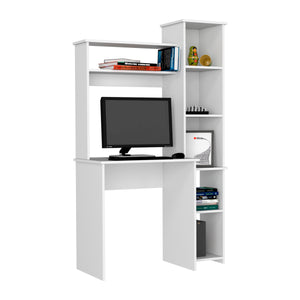 English Elm Desk, Space-Saving Home Office Workstation with Hutch and Five Open Shelves for Books & Tech White 42.91 L x 32.28 W x 5.91 H B097132897