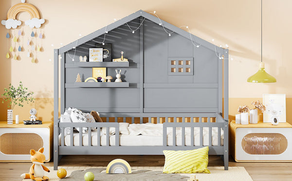 English Elm Twin House Bed Frame with Led Roof Glow Built-in Shelves and Window Cutout Detail LP000522AAE-1