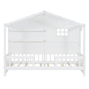 English Elm Twin House Bed Frame with Led Roof Glow Built-in Shelves and Window Cutout Detail LP000522AAK-1
