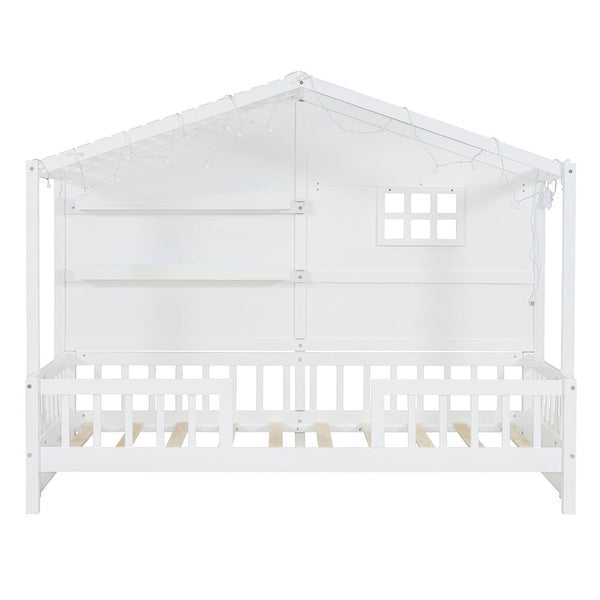 English Elm Twin House Bed Frame with Led Roof Glow Built-in Shelves and Window Cutout Detail LP000522AAK-1