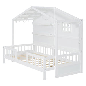 English Elm Twin House Bed Frame with Led Roof Glow Built-in Shelves and Window Cutout Detail LP000522AAK-1