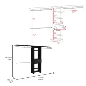 English Elm Plego Adjustable 70-118" Closet System with 4 Hanging Rods, 5 Shelves & 1 Drawer, Black Finish B200S00187