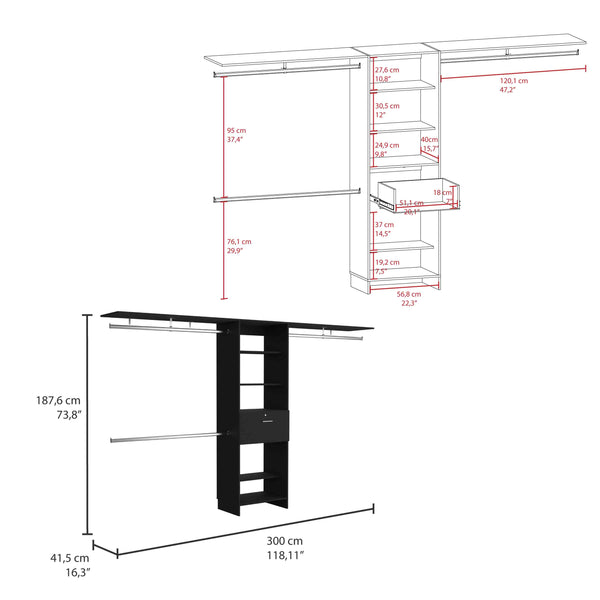 English Elm Plego Adjustable 70-118" Closet System with 4 Hanging Rods, 5 Shelves & 1 Drawer, Black Finish B200S00187